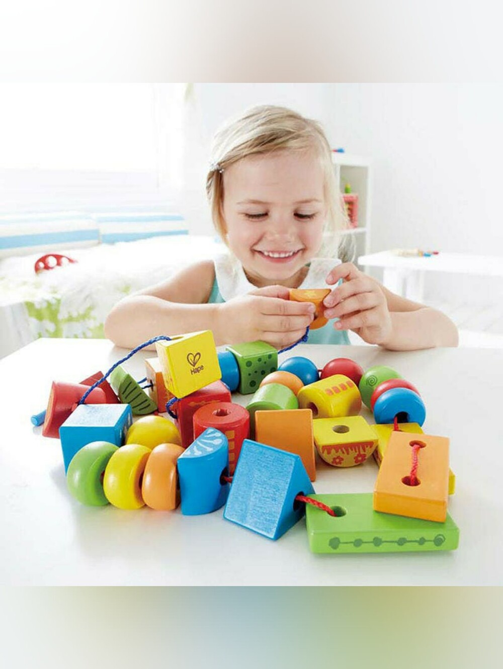 Hape String Along Wooden Shapes Bead Lacing Toy